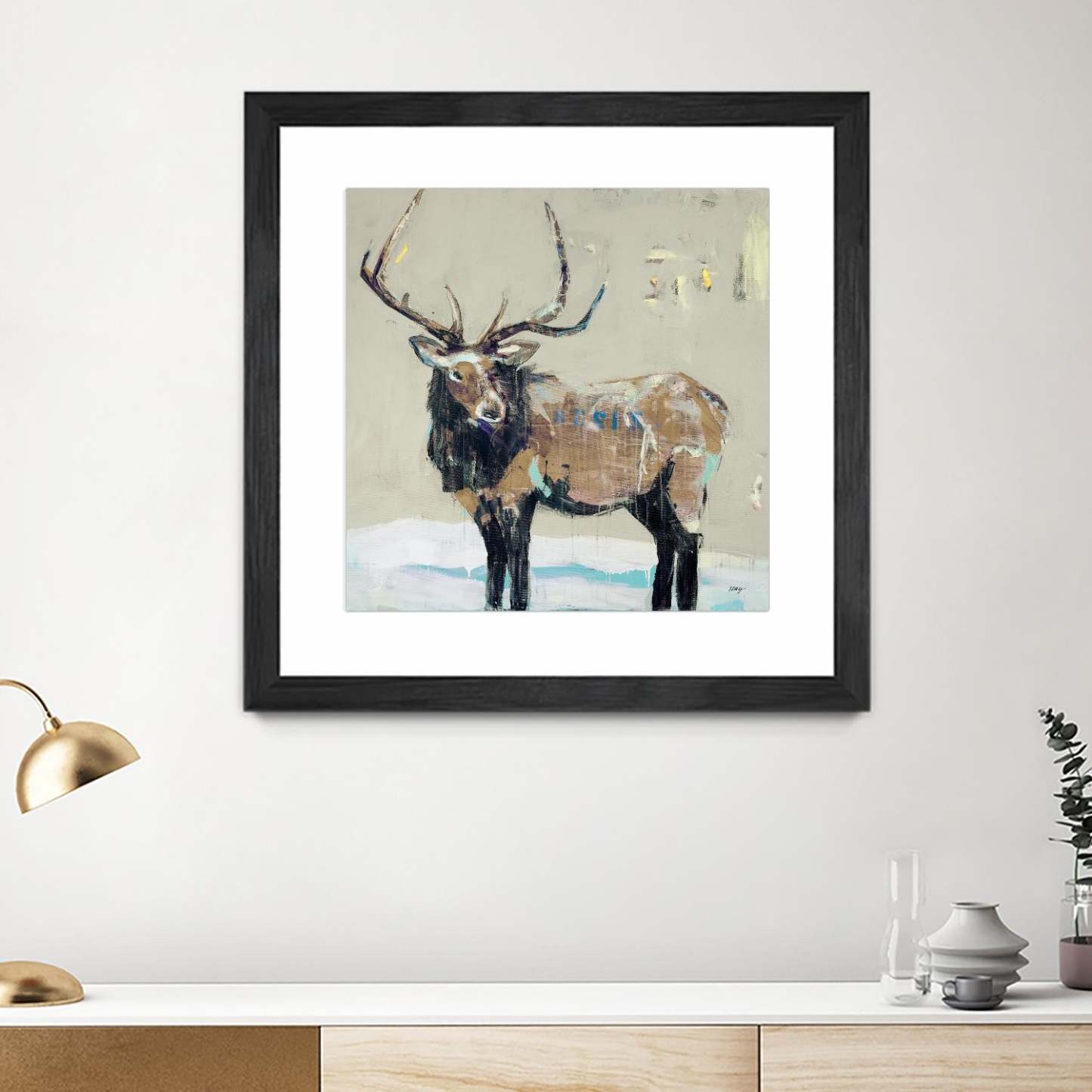 Winter Elk Neutral Matted and Framed Black 36x36 Wall Art|Œuvre d’art murale encadrée noire et mate « Winter Elk Neutral » 36 x 36