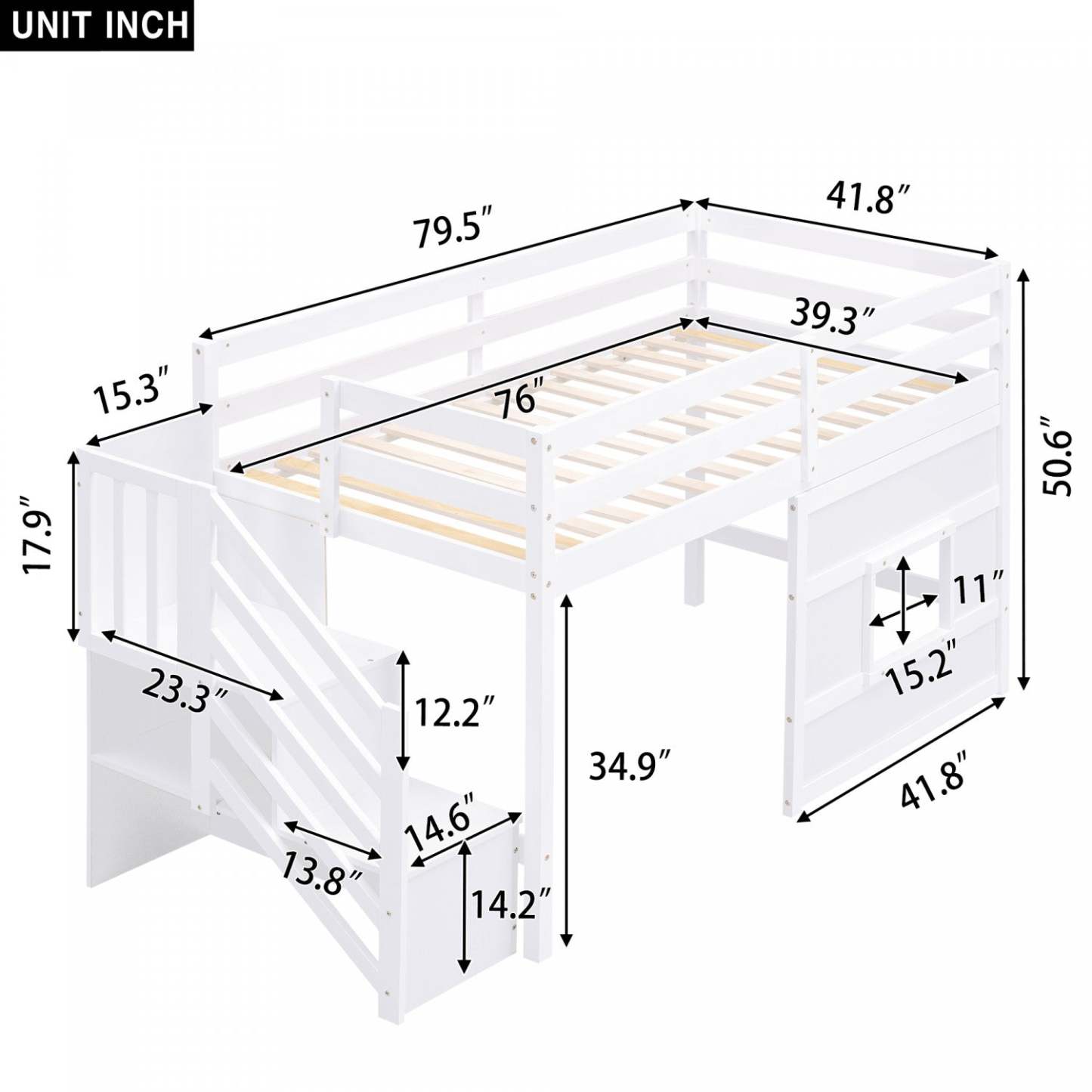 Lit mezzanine simple Martin en bois massif avec escalier de rangement, fenêtre de jeu, lumière LED - Blanc | Martin – Lit Mezzanine Simple En Bois Massif Avec Escaliers De Rangement, Fenetre Ludique Et Eclairage Del – Blanc