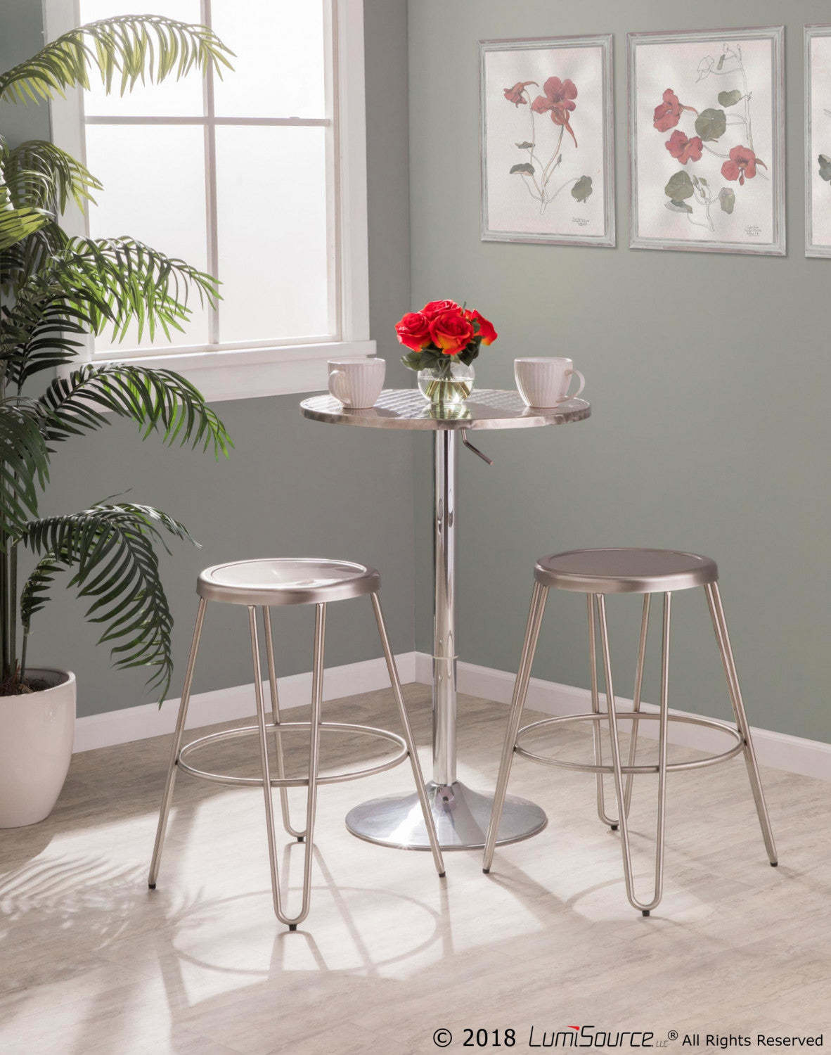 LumiSource Bistro Contemporary Adjustable Round Bar Dining Table - Silver|Table Bistro ronde réglable et contemporaine pour bar ou salle à manger - argentée