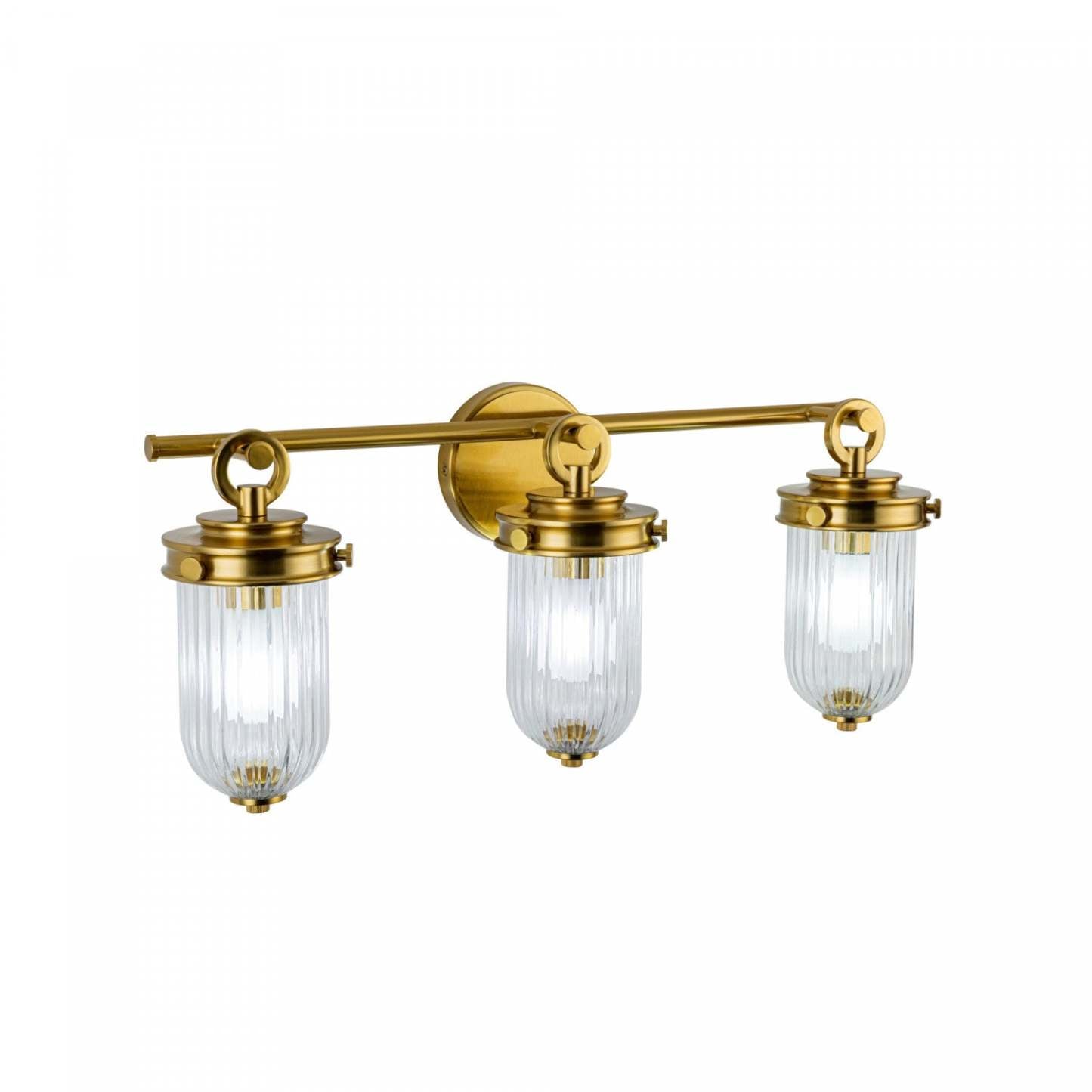 Salle de bains Myla à 3 lumières, laiton vintage avec lampe en verre nervuré | Luminaire De Salle De Bain A 3 lampes Myla, Laiton Retro Et Verre Nervure