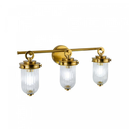 Salle de bains Myla à 3 lumières, laiton vintage avec lampe en verre nervuré | Luminaire De Salle De Bain A 3 lampes Myla, Laiton Retro Et Verre Nervure