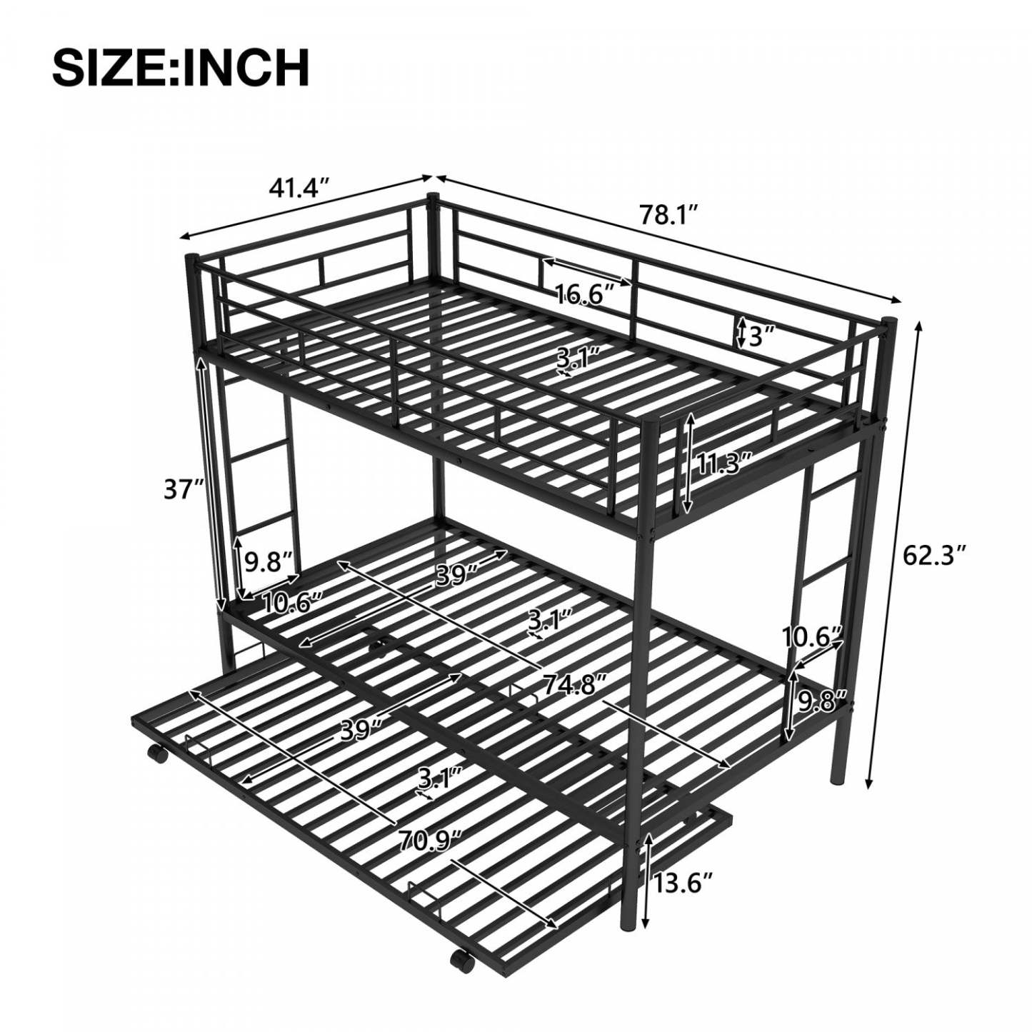 Lit superposé Tammy en métal gain de place avec lit gigogne - Noir | Tammy – Lit Superpose Simple en métal avec lit gigogne, Design Gain de Place – Noir