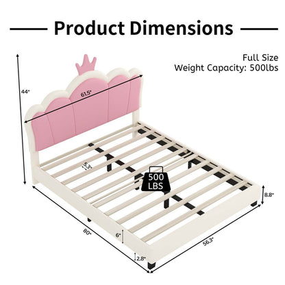 Lit princesse rembourré Judson avec tête de lit couronne et cadre plateforme en PU, pleine taille, lit double crème | Lit Princesse Judson Tapisse Avec Tete De Lit En Forme De Couronne Et Cadre Plateforme En Pu, Taille Full, Crème