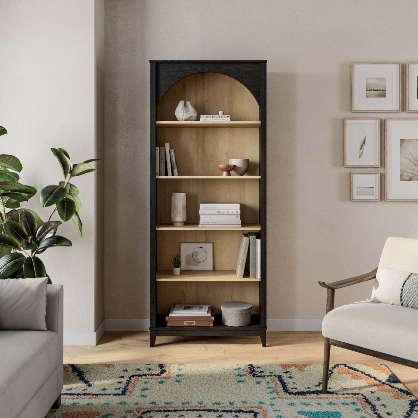 Bibliothèque Prepac Ark - Chêne Noir et Naturel|Bibliothèque arquée Ark de Prepac - noire et chêne naturel