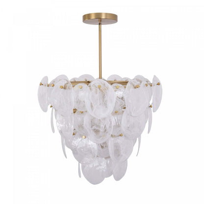 Lustre A 13 lampes Lily, Laiton Brosse Et Verre Genre Murano Blanc Vaporeux