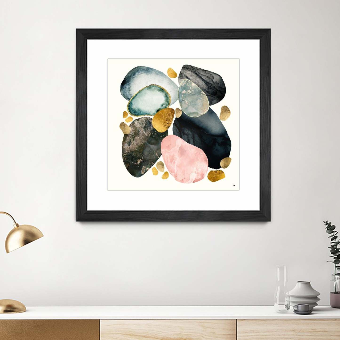 Œuvre d’art murale encadrée noire et mate « Pebble Abstract » 30 x 30