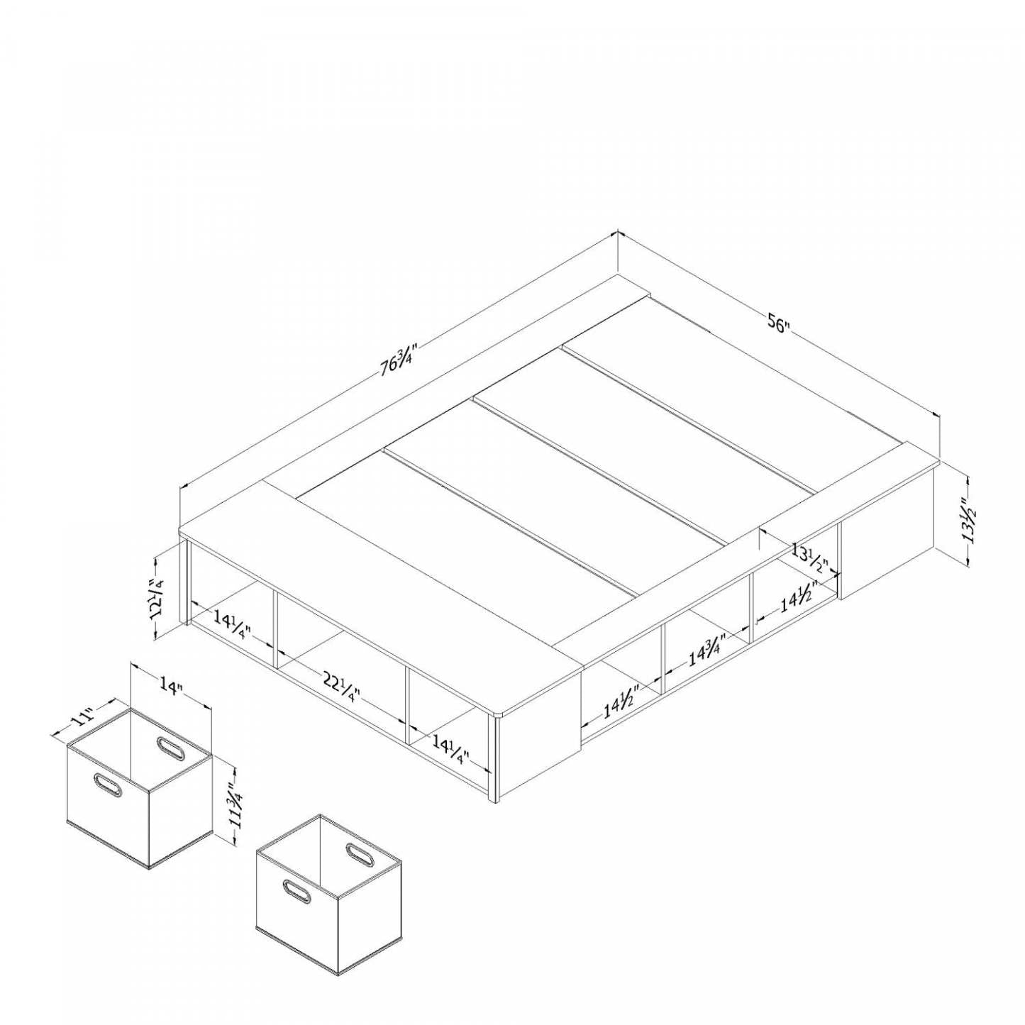Avilla Storage Platform Bed With Wicker Baskets - Bleached Oak  |  Avilla Lit Avec Paniers De Rangement En Osier Inclus - Chene Blanchi