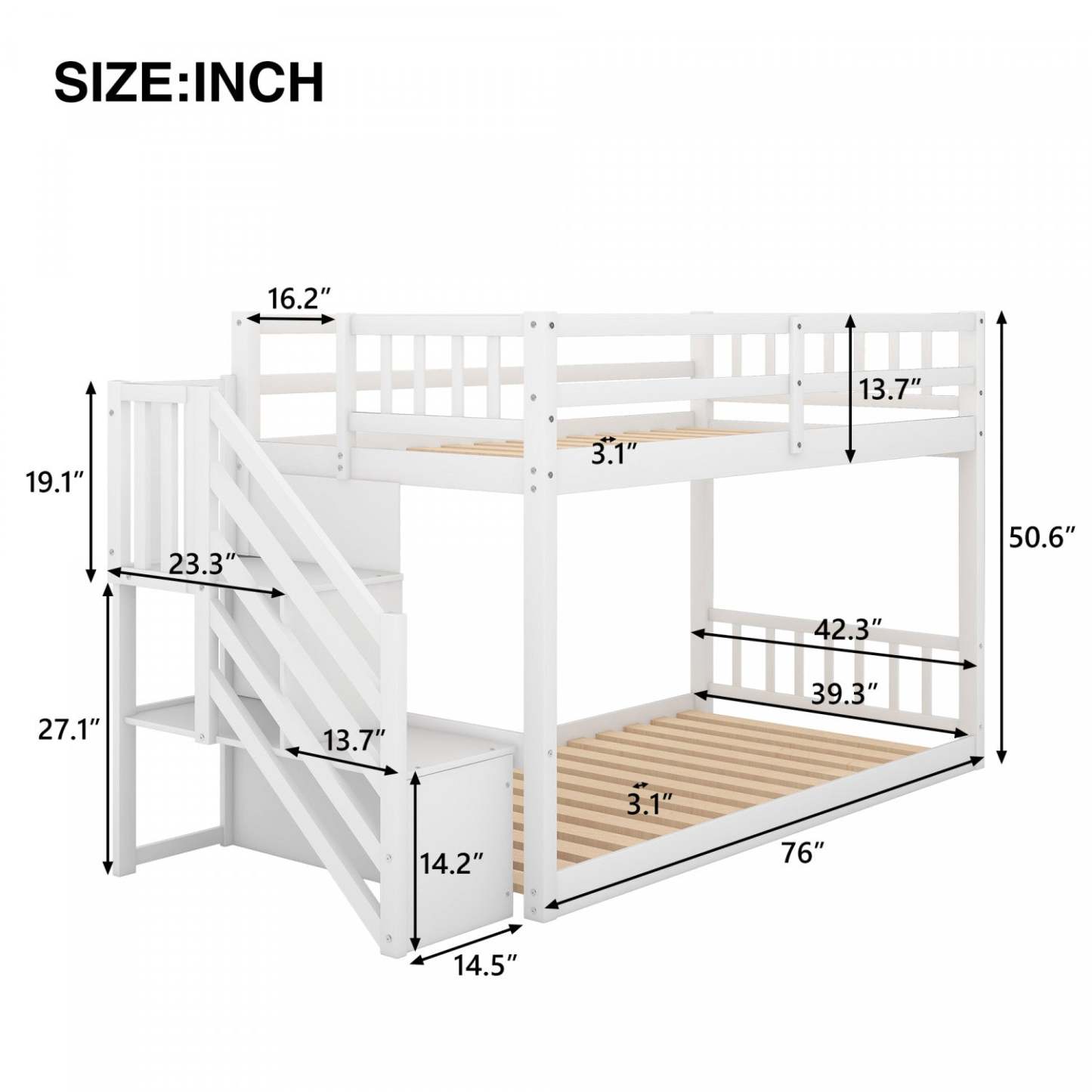 Joanna Lit Superposé Bas En Bois Massif Avec Échelle De Rangement, Design À Faible Hauteur - Blanc | Joanna – Bunk Bed Solid Wood Low Height Design With Storage Ladder - White