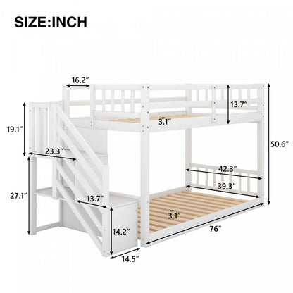 Joanna Lit Superposé Bas En Bois Massif Avec Échelle De Rangement, Design À Faible Hauteur - Blanc | Joanna – Bunk Bed Solid Wood Low Height Design With Storage Ladder - White