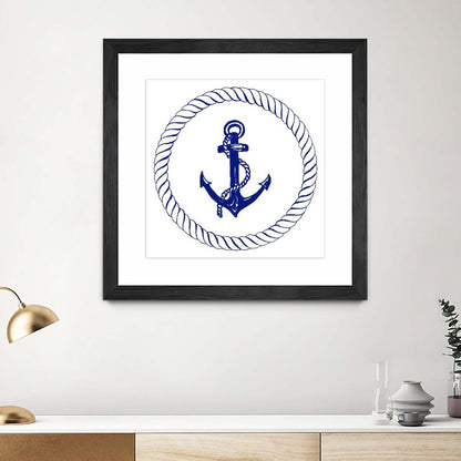 Œuvre d’art murale encadrée noire et mate « Blue Nautical Circle I » 30 x 30