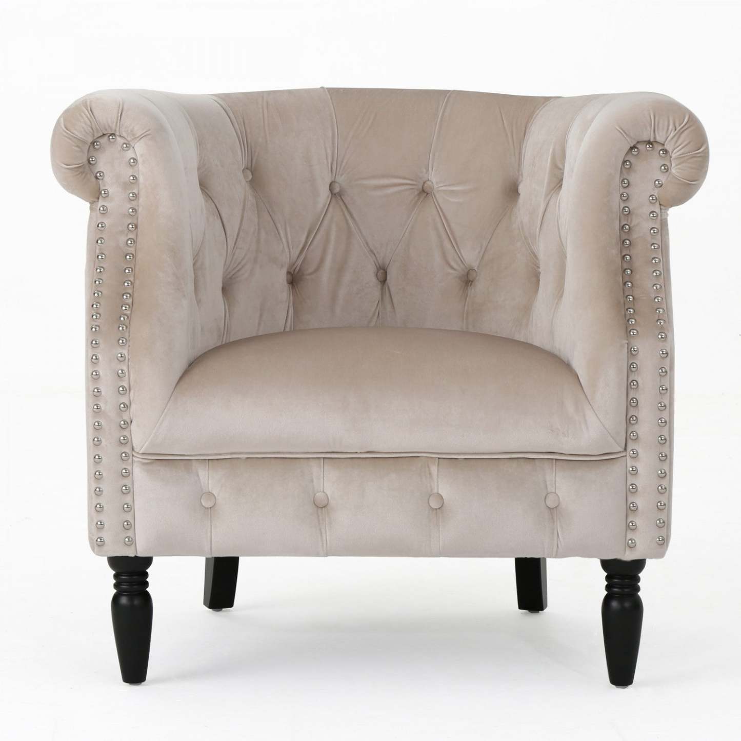 Chaise en tissu velours Akira avec capitonnage à boutons et garniture cloutée - Champagne | Fauteuil Akira En Tissu Velours Avec Capitonnage À Boutons Et Bordure Clouée - Couleur Champagne