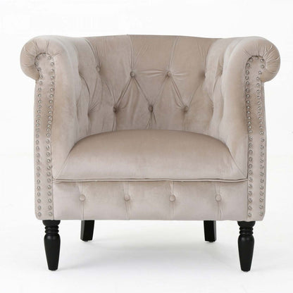 Chaise en tissu velours Akira avec capitonnage à boutons et garniture cloutée - Champagne | Fauteuil Akira En Tissu Velours Avec Capitonnage À Boutons Et Bordure Clouée - Couleur Champagne