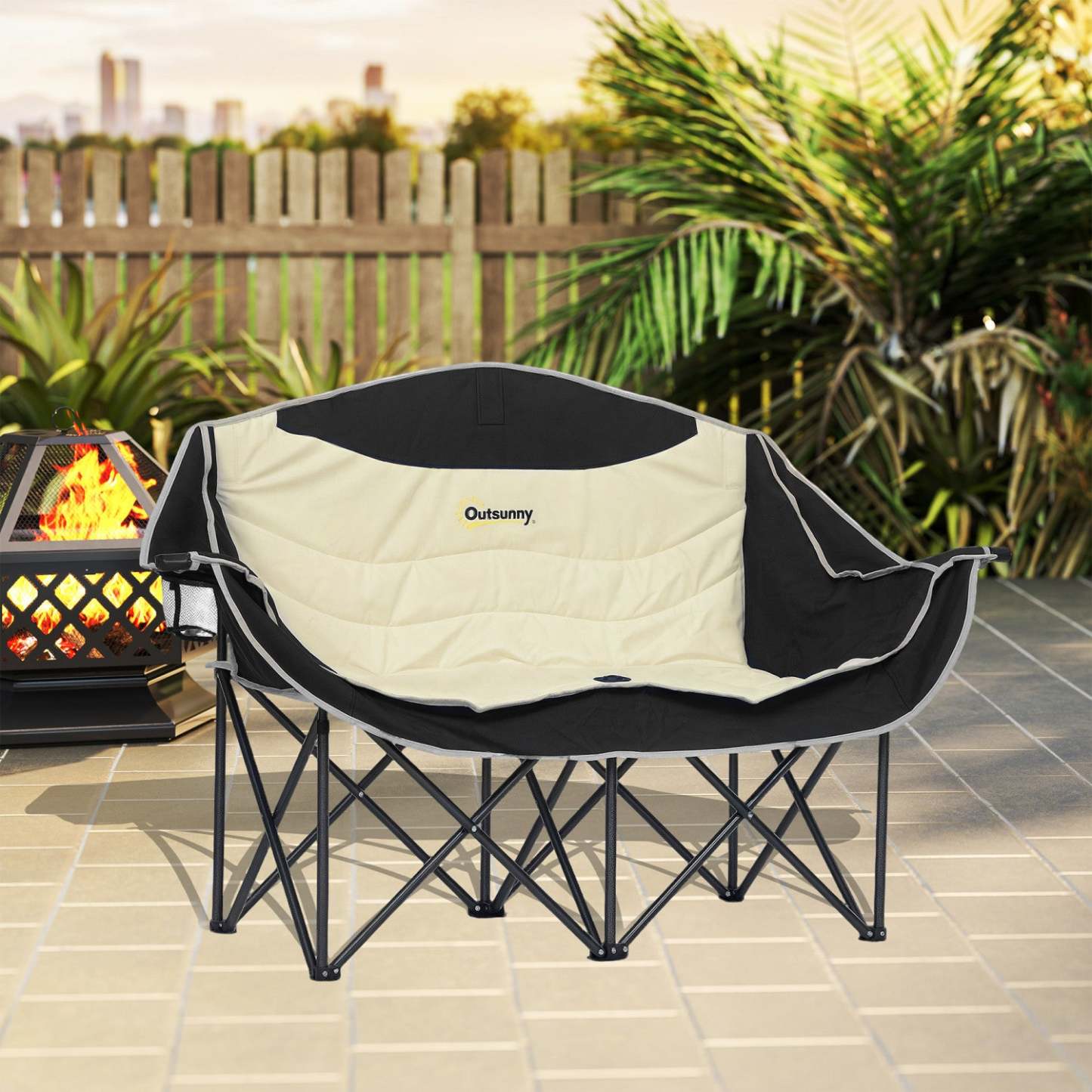 Chaise de camping double Outsunny, chaise de camp rembourrée avec porte-gobelets, kaki