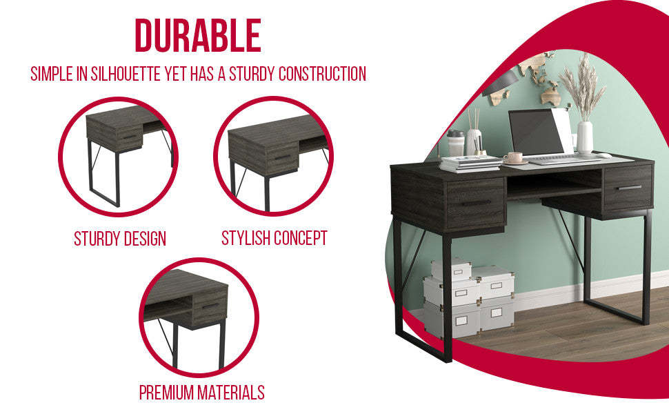 Bureau d'ordinateur 43" avec 2 tiroirs et 1 tablette - Gris foncé avec base en métal noir | Bureau d'ordinateur de 43 po avec 2 tiroirs et 1 tablette - gris foncé avec base en métal noir