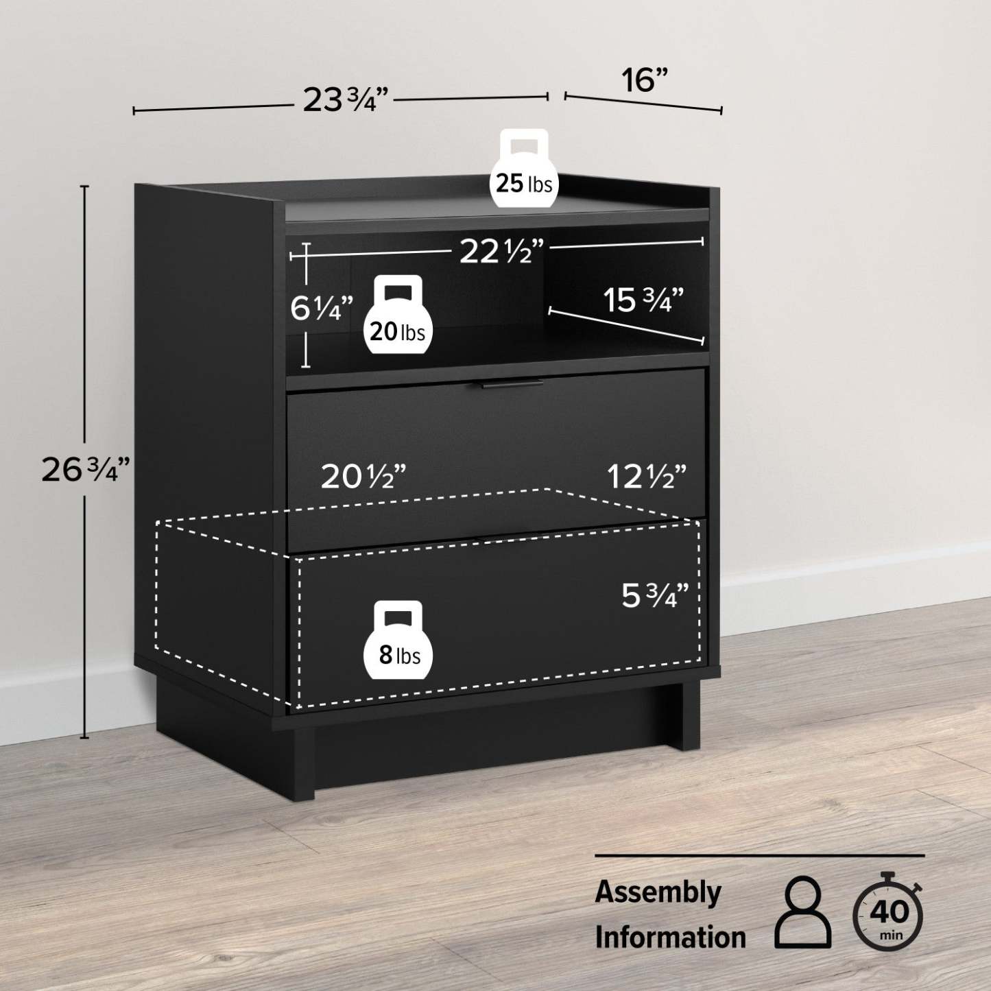 Prepac Simply Modern 23.75 2-Drawer Nightstand - Black|Table de nuit Simply Modern de Prepac de 23,75 po à 2 tiroirs - noire