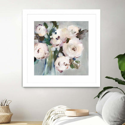 Bouquet Rose Pâle I Matted and Framed White 36x36 Wall Art|Œuvre d'art murale imprimée blanche et mate « Bouquet Rose Pâle I » 36 x 36