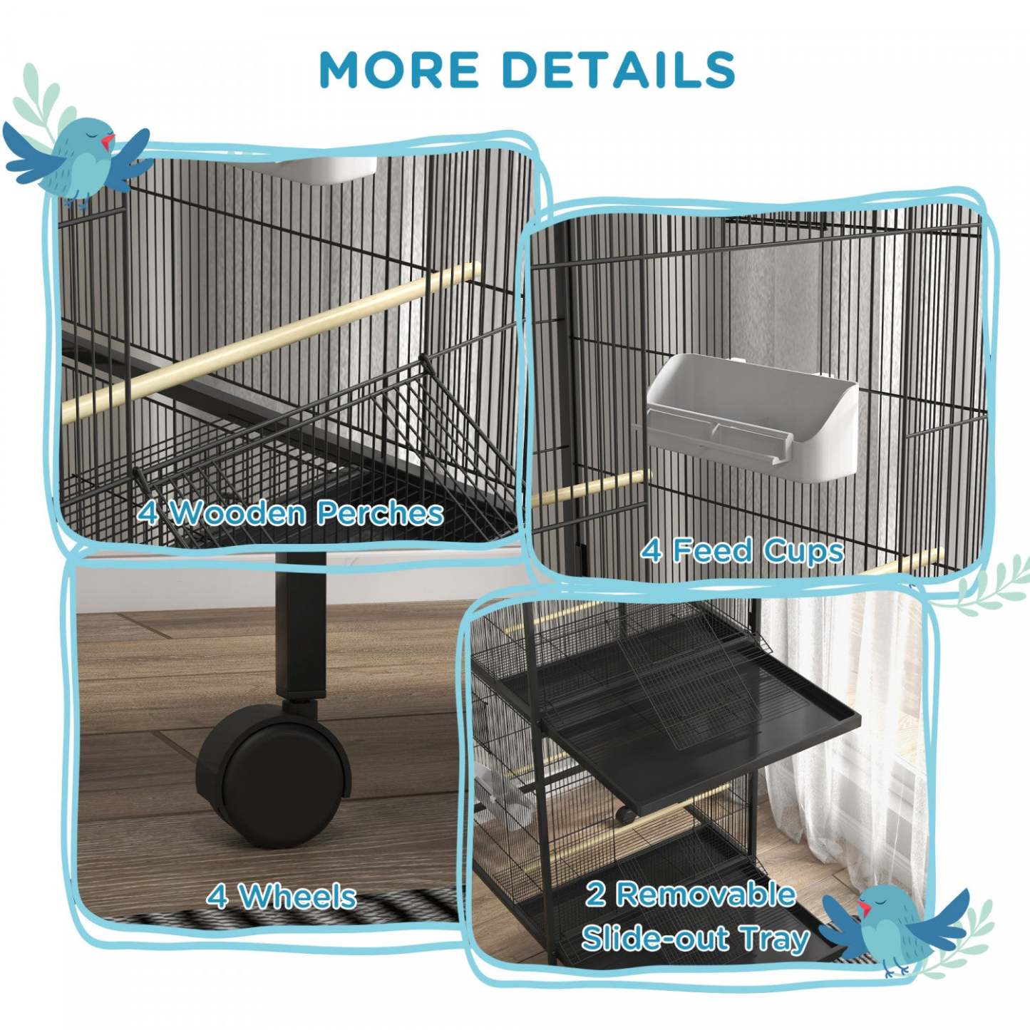 Pawhut Cage A Oiseaux En Metal Forge Avec Support Roulant, Conteneurs Alimentaires Portes Roues 67 H