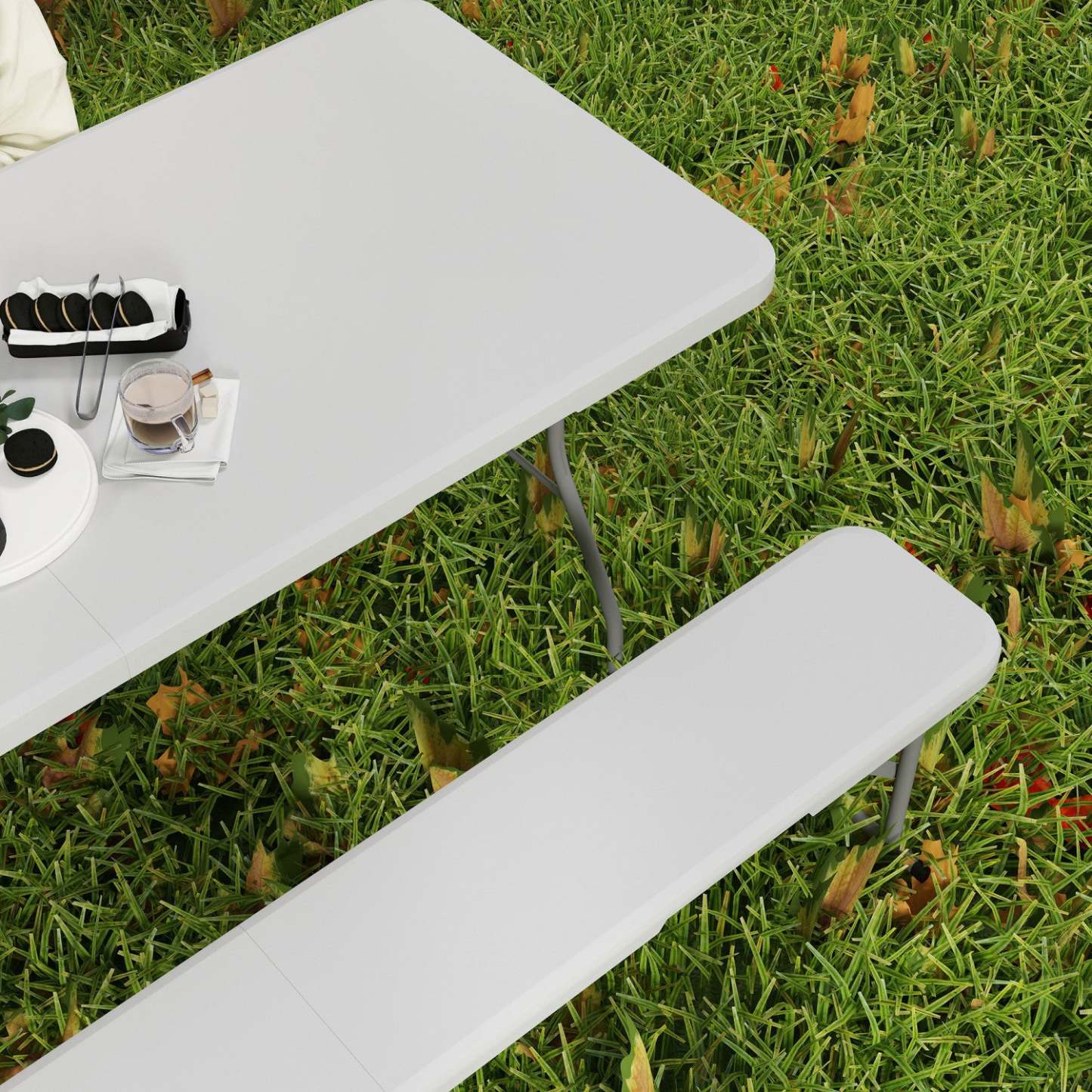 Table de pique-nique pliante Outsunny de 6 pieds en 3 pièces avec 2 bancs, blanche