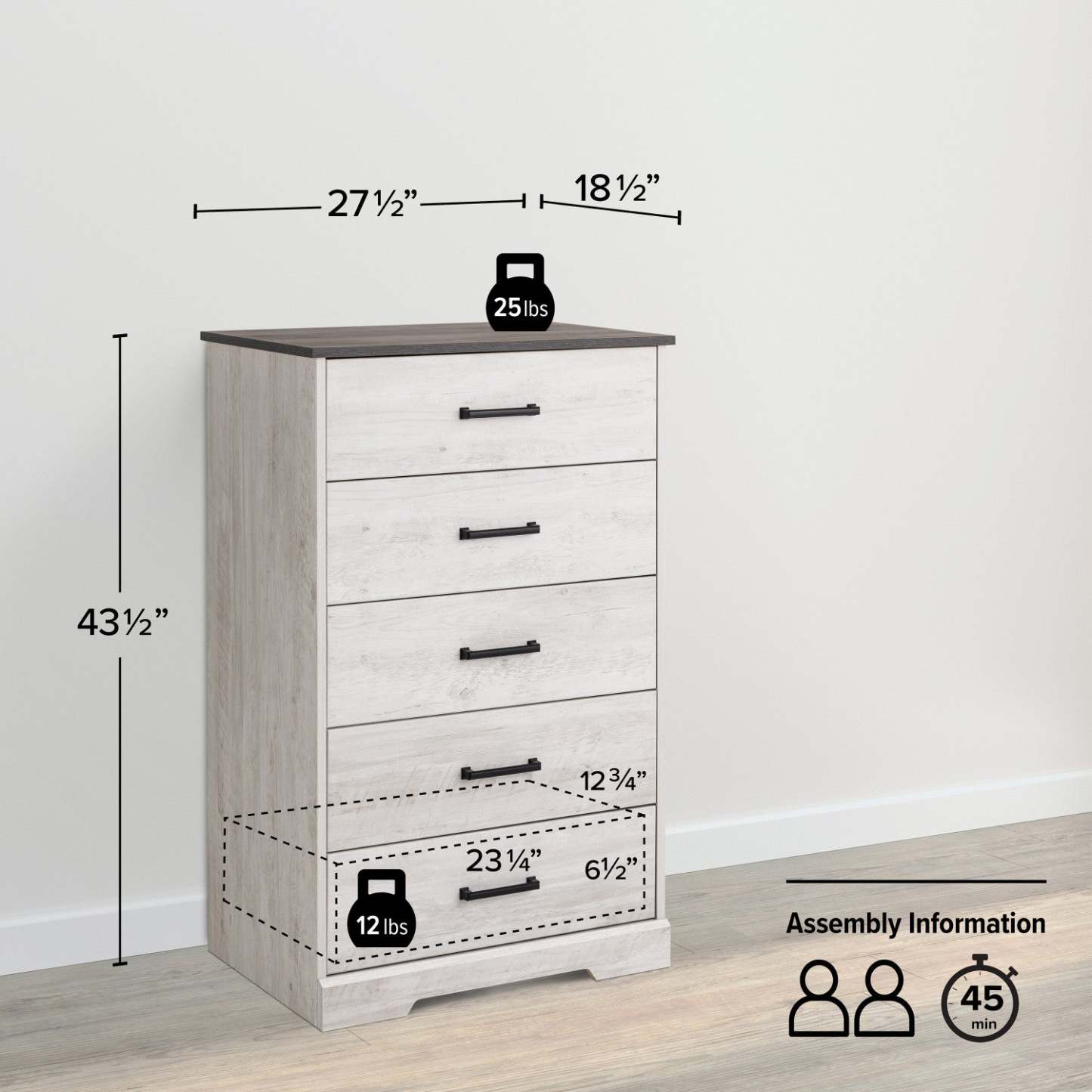 Prepac Rustic Ridge 27.5 5-Drawer Chest - Washed White|Commode verticale Rustic Ridge de Prepac de 27,5 po à 5 tiroirs - blanc délavé