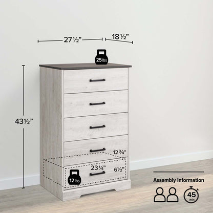 Prepac Rustic Ridge 27.5 5-Drawer Chest - Washed White|Commode verticale Rustic Ridge de Prepac de 27,5 po à 5 tiroirs - blanc délavé