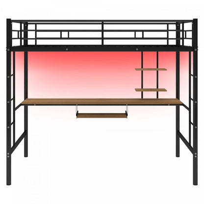 Lit mezzanine simple en métal Andy avec bureau et éclairage LED - Noir | Andy – Lit mezzanine simple en métal avec bureau et éclairage LED, design gain de place – Noir