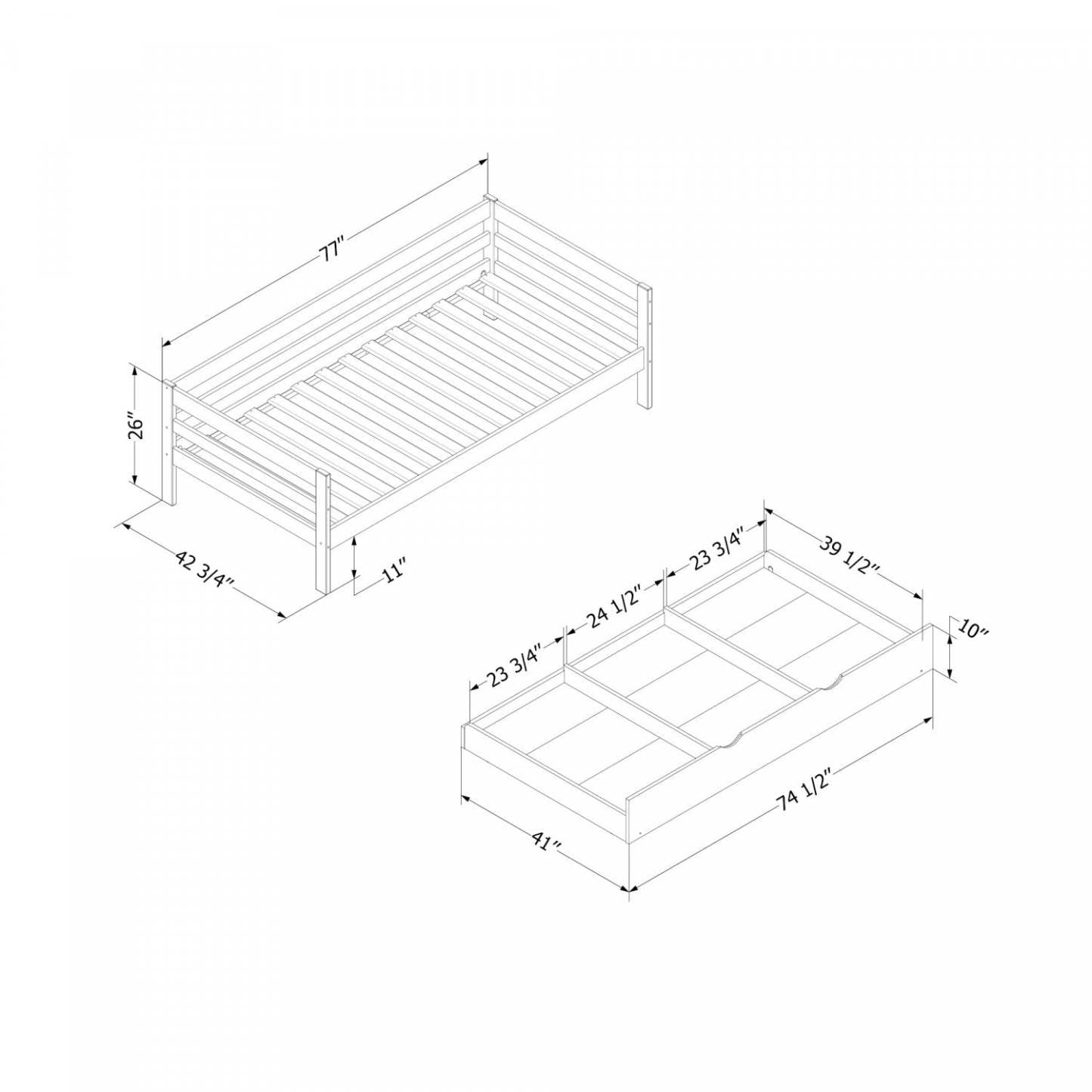 Lit de jour Sweedi en bois massif avec lit gigogne, bois naturel - Lit simple South Shore