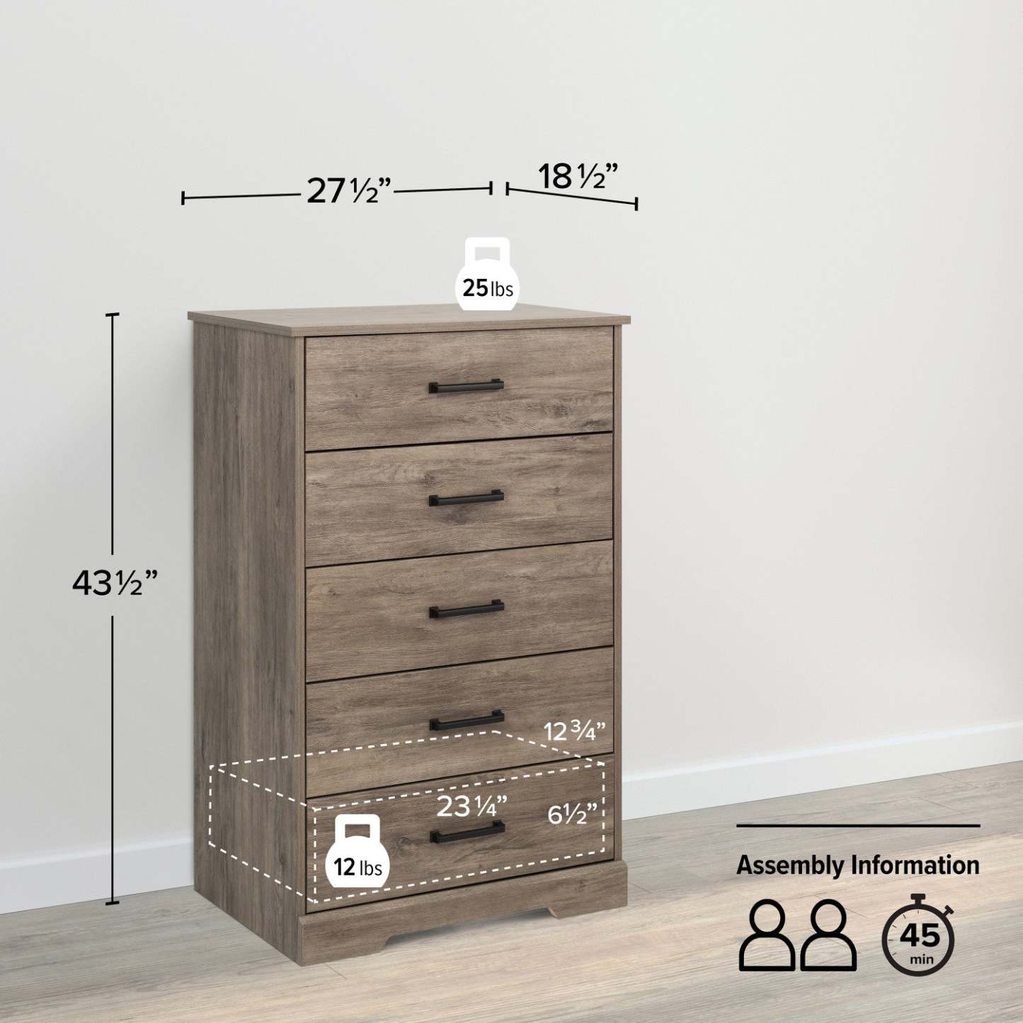 Prepac Rustic Ridge 27.5 5-Drawer Chest - Brown|Commode verticale Rustic Ridge de Prepac de 27,5 po à 5 tiroirs - brune