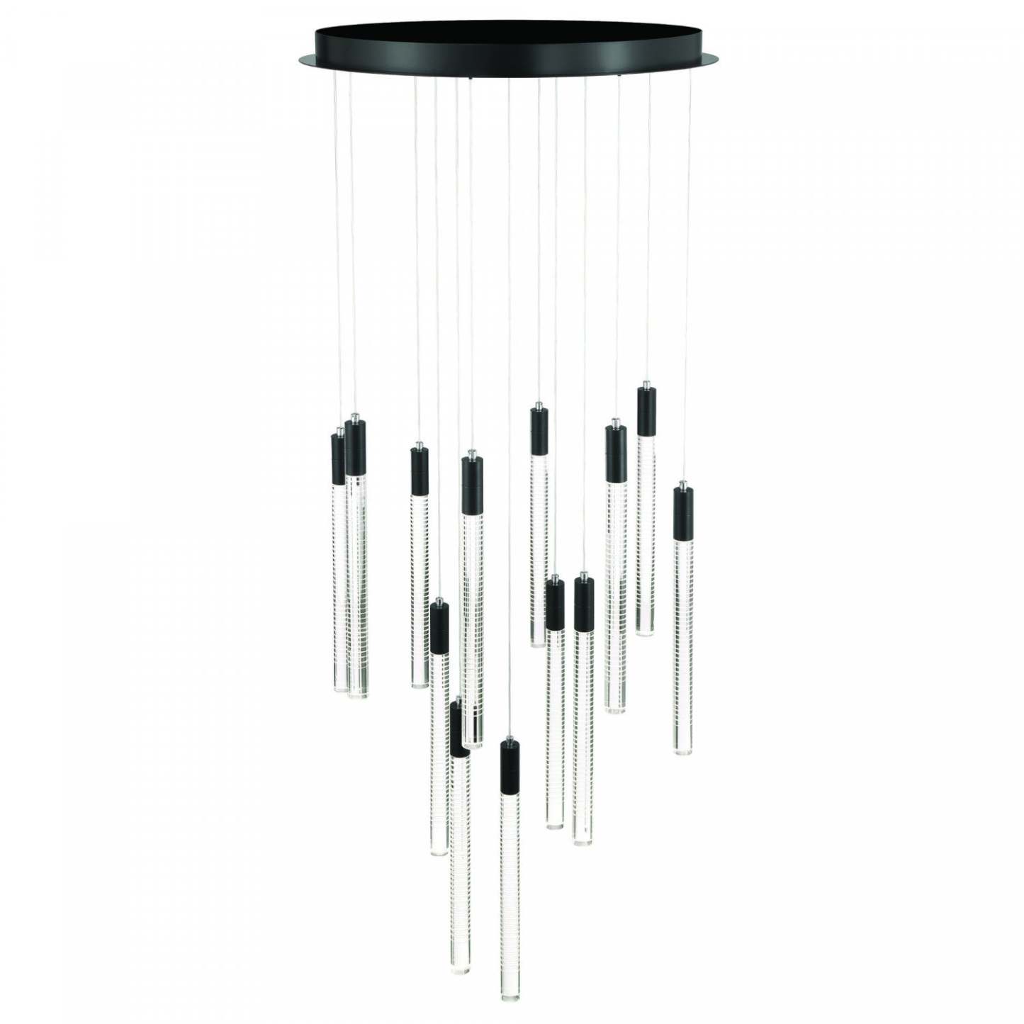 Celine 13 Lustre LED Intégré, Noir Avec Tiges En Verre Rayées Au Laser | Lustre A 13 lampes A Del Integree Celine, Noir Avec Tiges En Verre Rayées Au Laser