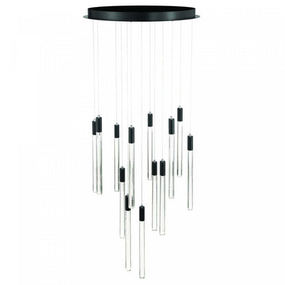 Celine 13 Lustre LED Intégré, Noir Avec Tiges En Verre Rayées Au Laser | Lustre A 13 lampes A Del Integree Celine, Noir Avec Tiges En Verre Rayées Au Laser