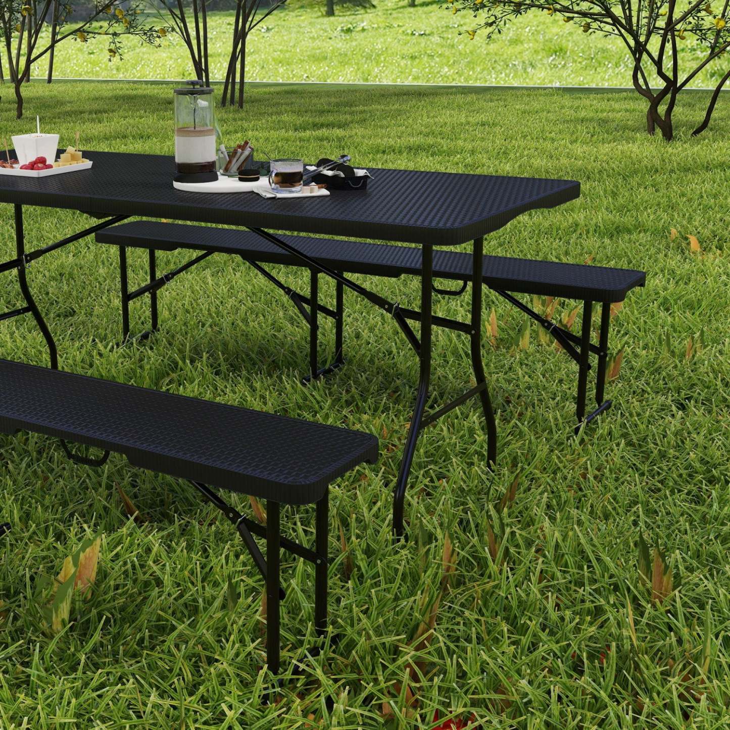 Outsunny table de pique-nique pliante en faux rotin de 6 pieds en 3 pièces avec 2 bancs, noire
