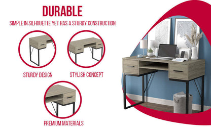Bureau d'ordinateur 43" avec 2 tiroirs et 1 tablette - Taupe foncé avec base en métal noir | Bureau d'ordinateur de 43 po avec 2 tiroirs et 1 tablette - taupe foncé avec base en métal noir