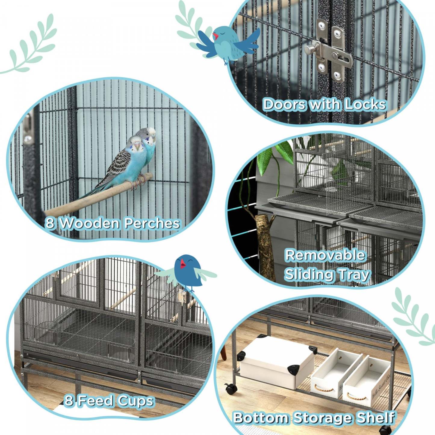 Pawhut Grande Cage A Oiseaux En Metal A Double Roulement Avec Plateau En Metal Amovible, Etagere De