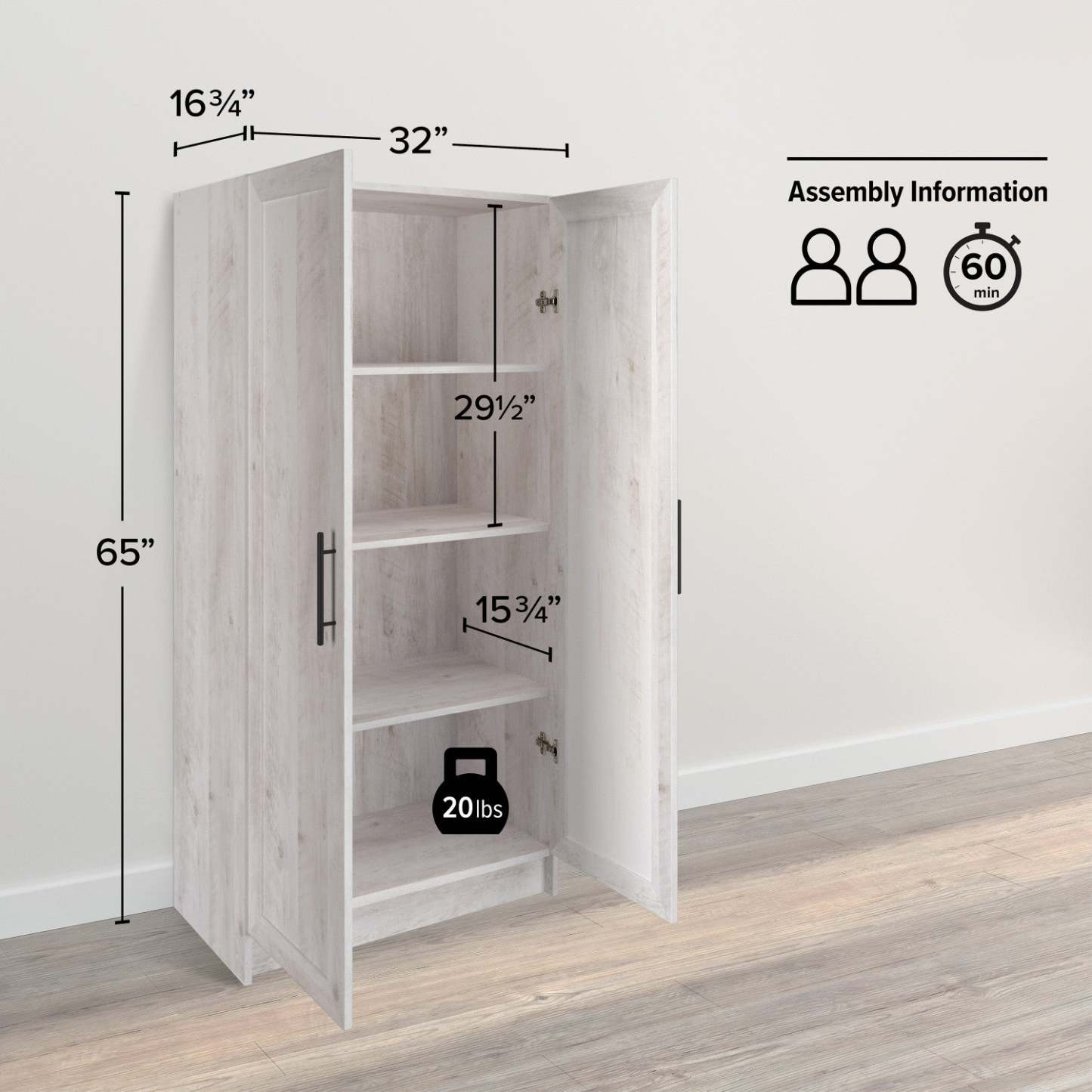 Armoire de rangement Elite Accent avec portes à panneaux et 3 tablettes - Blanc rustique |Armoire d'appoint de rangement Elite avec portes à panneaux et 3 tablettes - blanc rustique