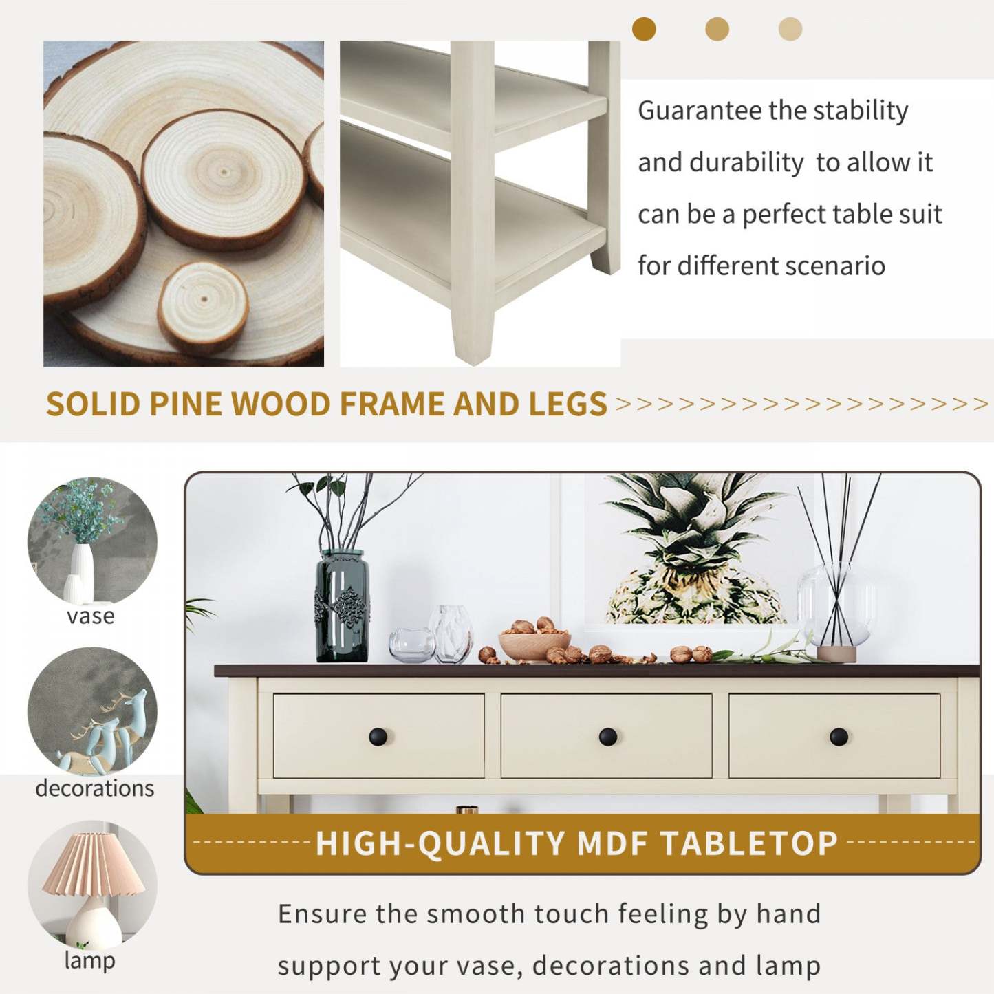 Wendy Table console en bois massif avec 3 tiroirs et 2 étagères ouvertes, armoire d'appoint beige | Console Wendy En Bois Massif Avec 3 Tiroirs Et 2 Etageres Ouvertes, Beige