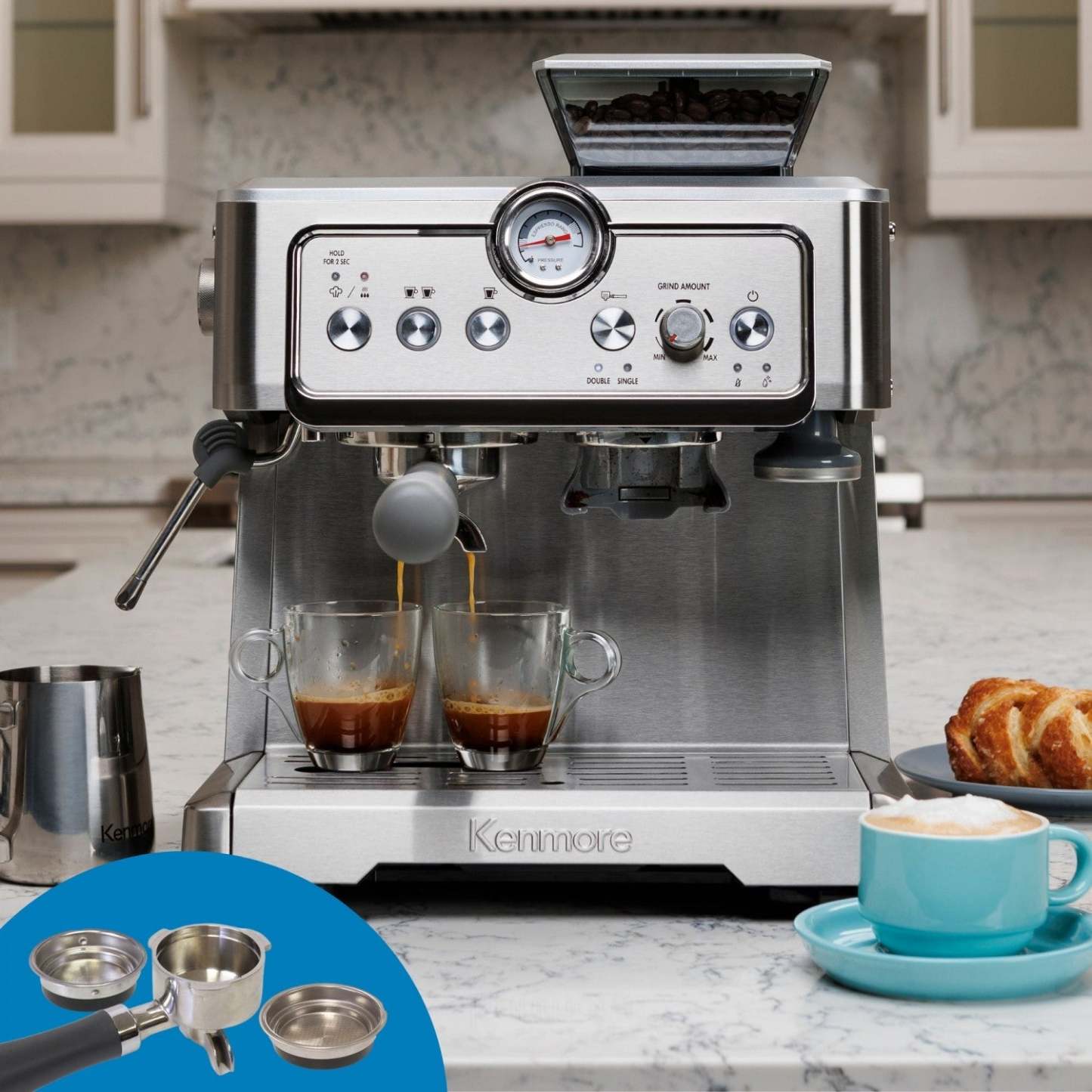 Kenmore Espresso Machine Stainless Steel Manual Tamp Coffee Maker - KKCMEMT|Machine à espresso Kenmore avec presse-mouture manuelle, acier inoxydable - KKCMEMT