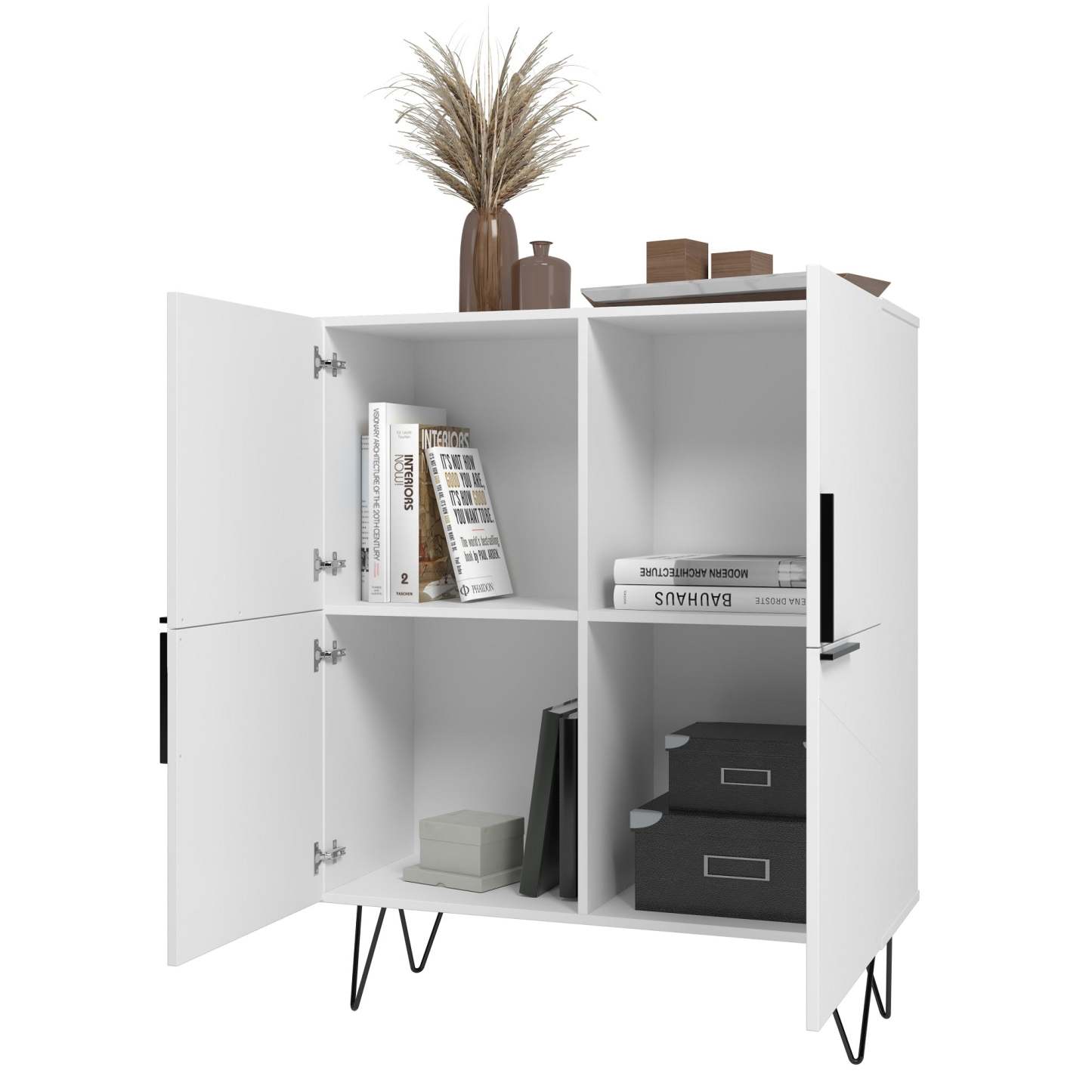 Manhattan Comfort Beekman Low 4-Shelf Accent Cabinet - Blanc|Petite armoire décorative Beekman de Manhattan Comfort avec 4 tablettes - blanche