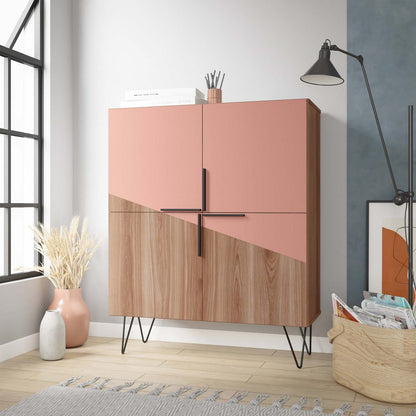 Manhattan Comfort Beekman Low 4-Shelf Accent Cabinet - Brown &amp; Pink Accent Cabinet|Petite armoire décorative Beekman de Manhattan Comfort avec 4 tablettes - brune et rose