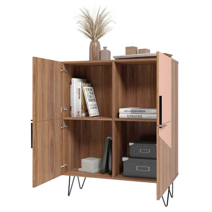 Manhattan Comfort Beekman Low 4-Shelf Accent Cabinet - Brown &amp; Pink Accent Cabinet|Petite armoire décorative Beekman de Manhattan Comfort avec 4 tablettes - brune et rose