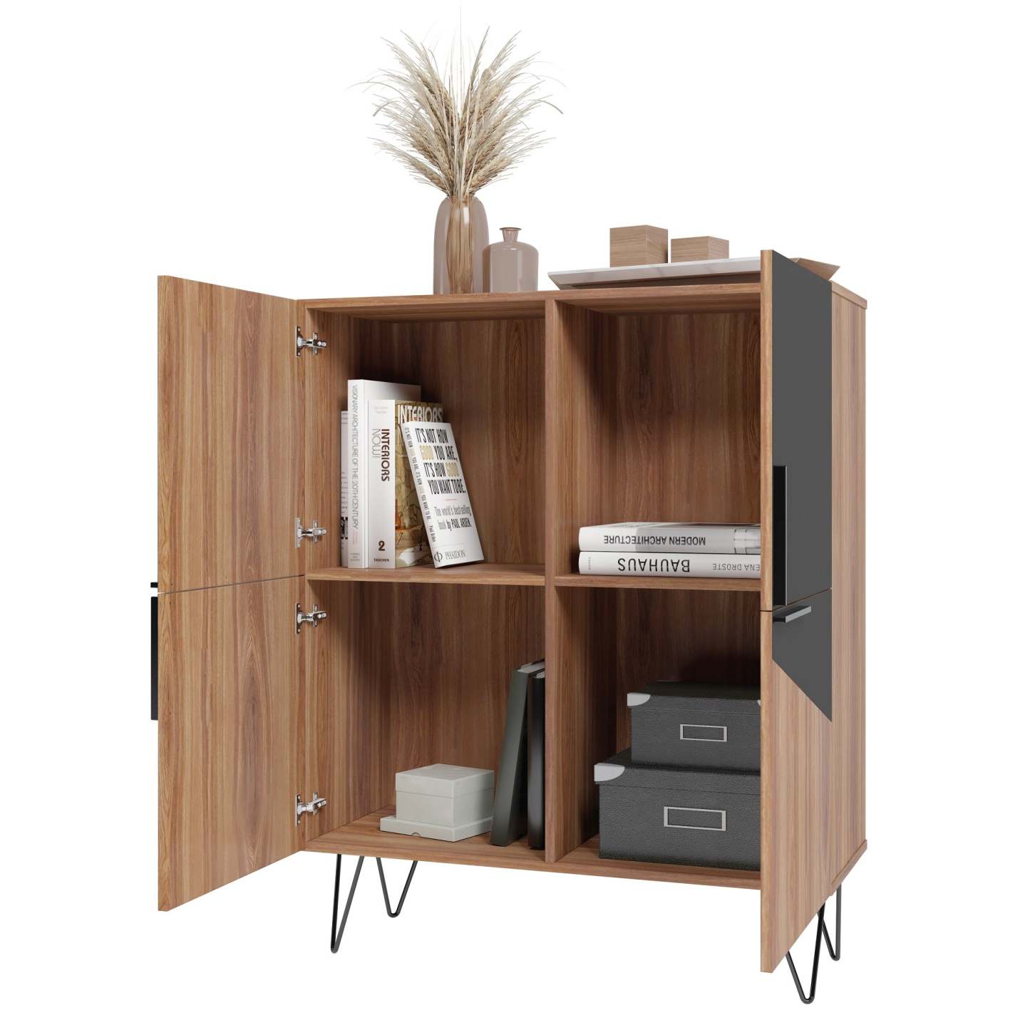Manhattan Comfort Beekman Low 4-Shelf Accent Cabinet - Brown &amp; Black|Petite armoire décorative Beekman de Manhattan Comfort avec 4 tablettes - brune et noire