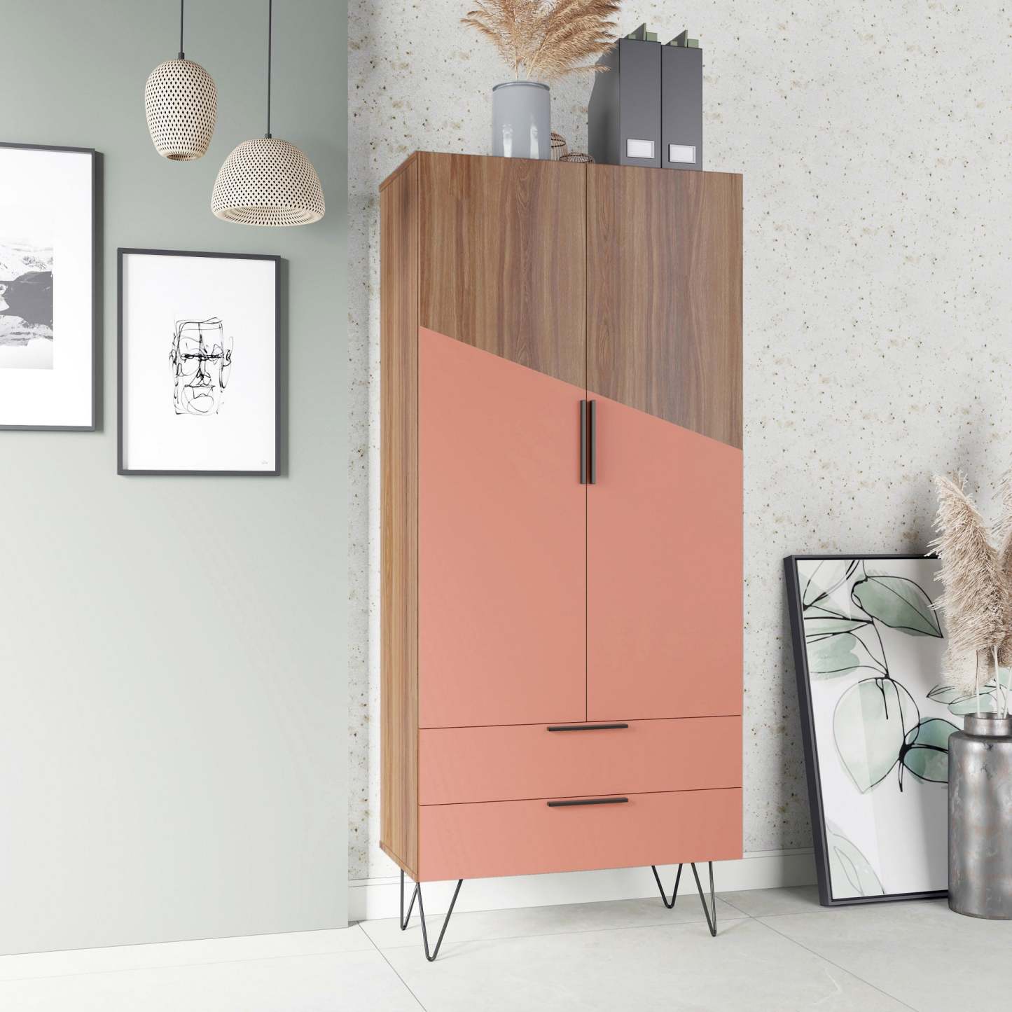 Manhattan Comfort Beekman 6-Shelf Accent Cabinet - Brun &amp; Rose|Armoire décorative Beekman de Manhattan Comfort avec 6 tablettes - brune et rose