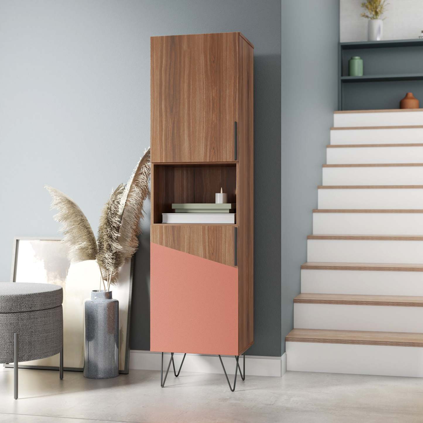 Manhattan Comfort Beekman 17.51 ​​Narrow Library Cabinet with 5 Shelves - Brown &amp; Pink|Armoire bibliothèque étroite Beekman de Manhattan Comfort de 17,51 po avec 5 tablettes - brune et rose