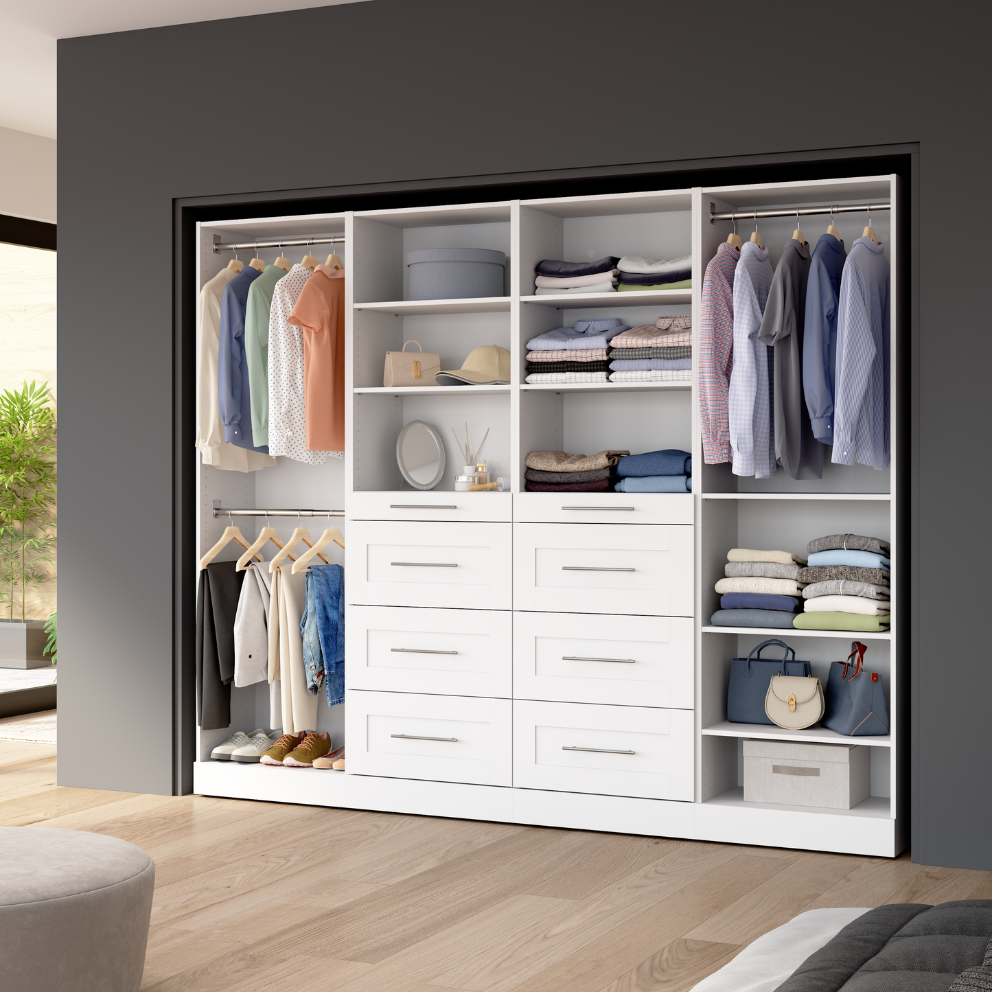 Bestar Florence 100 Système de garde-robe et pièce-penderie modulaire avec tringles, tablettes et tiroirs de style Shaker - blanc