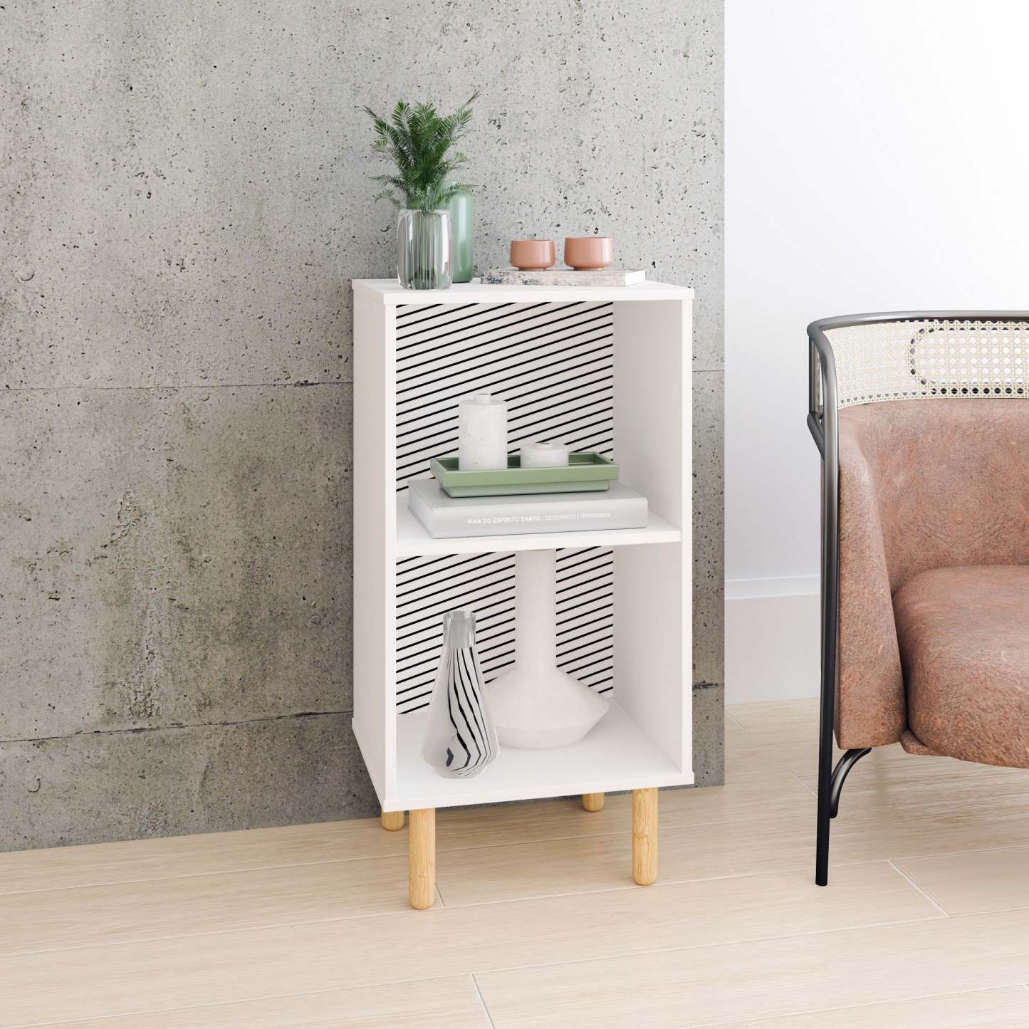 Manhattan Comfort Essex Nightstand with 2 Shelves - Blanc &amp; Zebra|Table de nuit Essex de Manhattan Comfort avec 2 tablettes - blanche et motif zébré