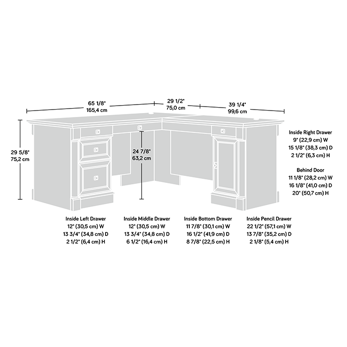 Bureau en forme de L Palladia de 65,11 po à 5 tiroirs - cerisier raffiné