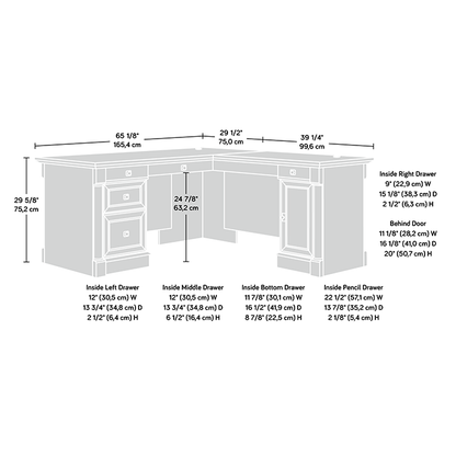Bureau en forme de L Palladia de 65,11 po à 5 tiroirs - cerisier raffiné