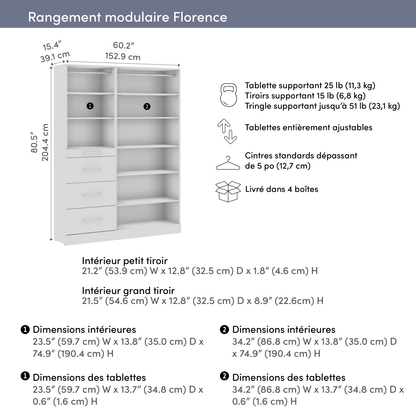 Système de garde-robe et pièce-penderie modulaire Florence de Bestar de 60 po avec rangement - blanc
