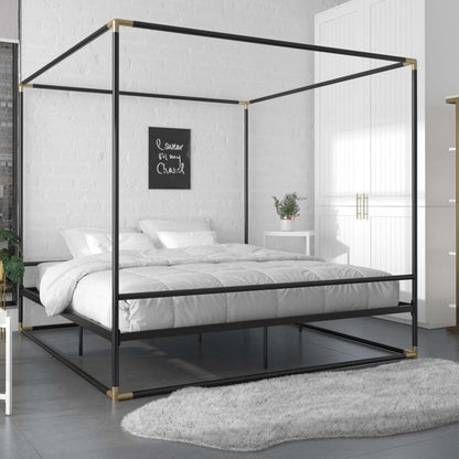 Cosmoliving By Cosmopolitan Celeste Canopy Metal King Bed - Black/Gold|Très grand lit à baldaquin Celeste de Cosmoliving By Cosmopolitan en métal - noir et doré