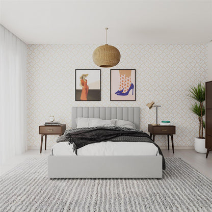 Lit Queen en tissu Novogratz Brittany avec tiroirs de rangement - Gris clair|Grand lit Brittany de Novogratz en tissu avec tiroirs de rangement - gris clair