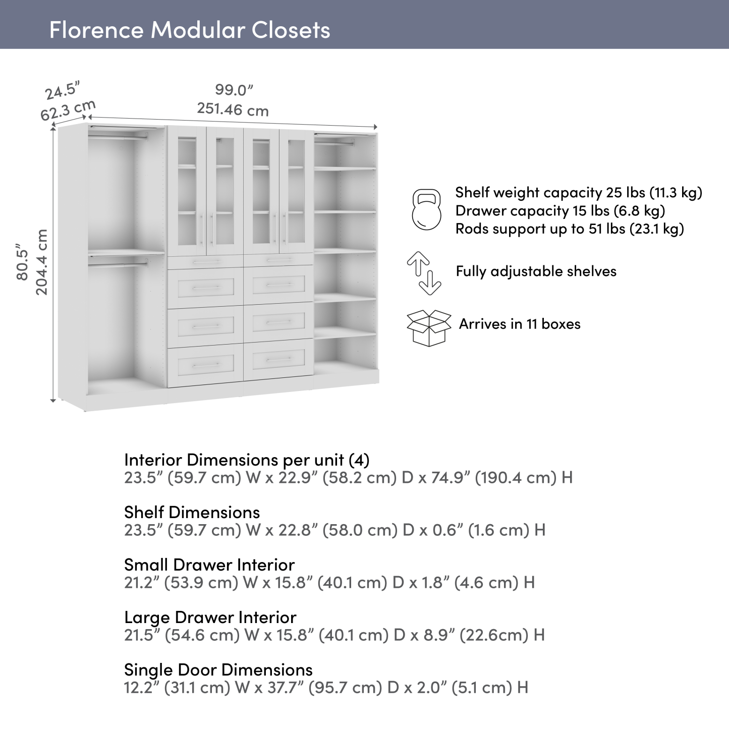 Système de pièce-penderie modulaire Florence de Bestar de 100 po avec éclairages à DEL, tringles, étagères, tiroirs et portes