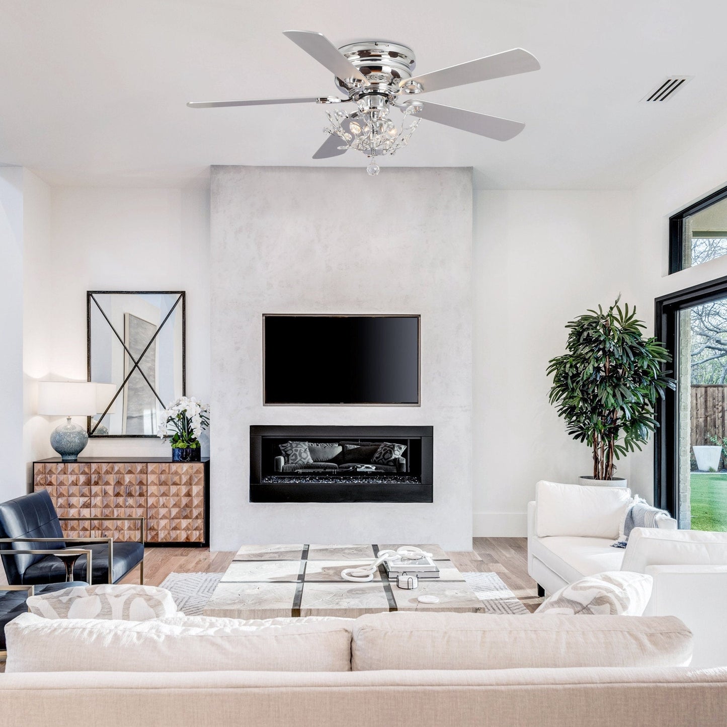 Ventilateur de plafond moderne réversible à 5 pales en cristal de 48 pouces avec télécommande